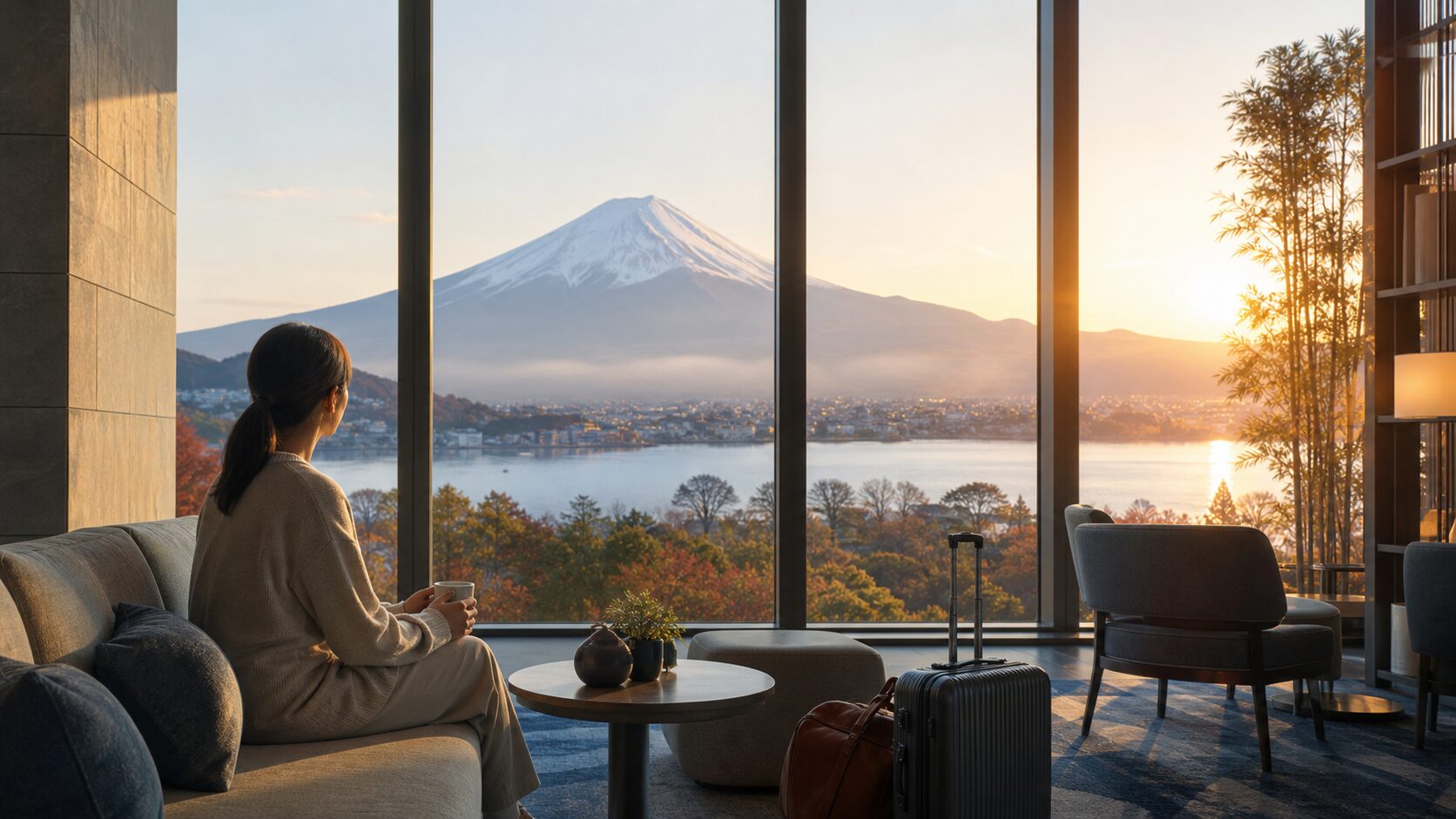 河口湖のホテルラウンジから富士山を眺める旅のイメージ