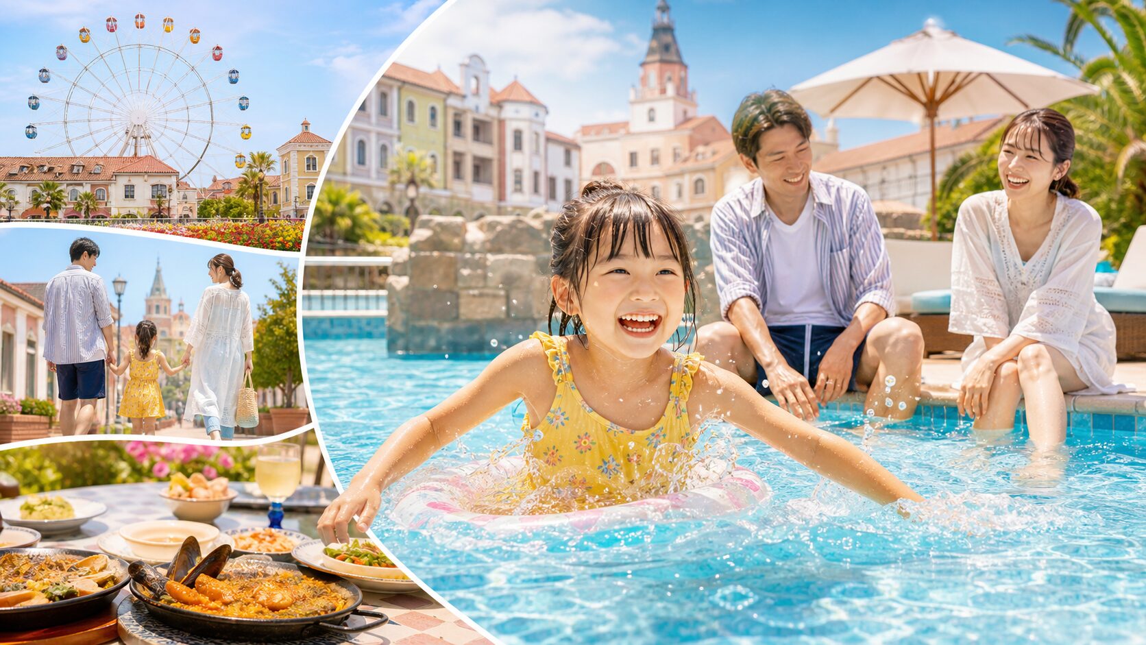 志摩スペイン村で遊んだあとプールで笑う家族のイメージ