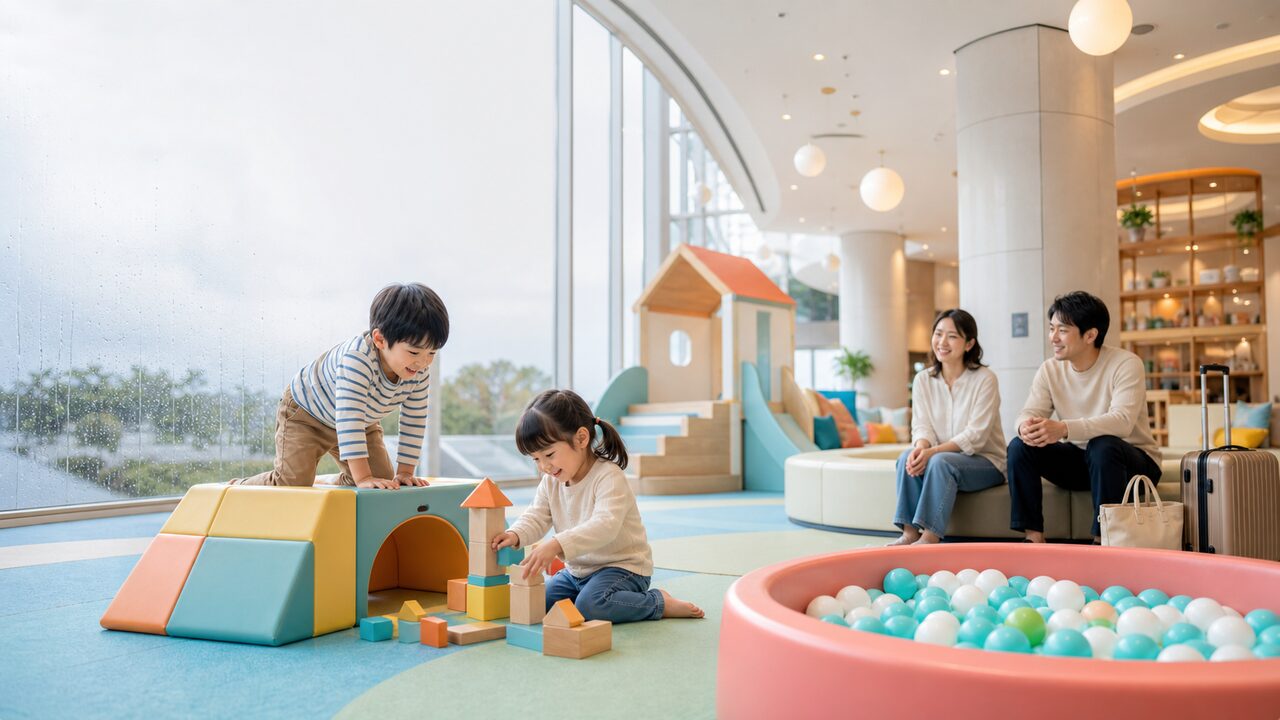 子連れ旅行でホテル内の遊びを楽しむイメージ