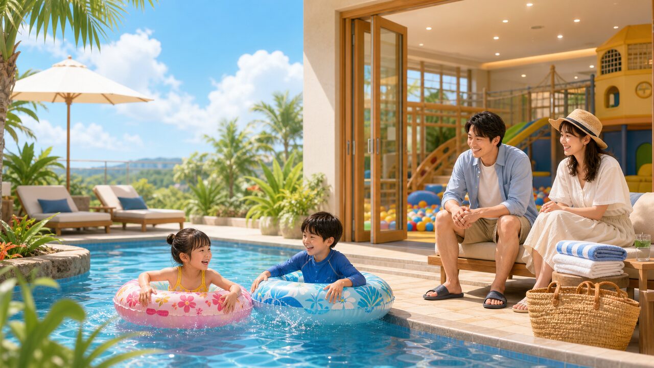 志摩スペイン村で遊んだあとホテルへ戻って休む家族のイメージ