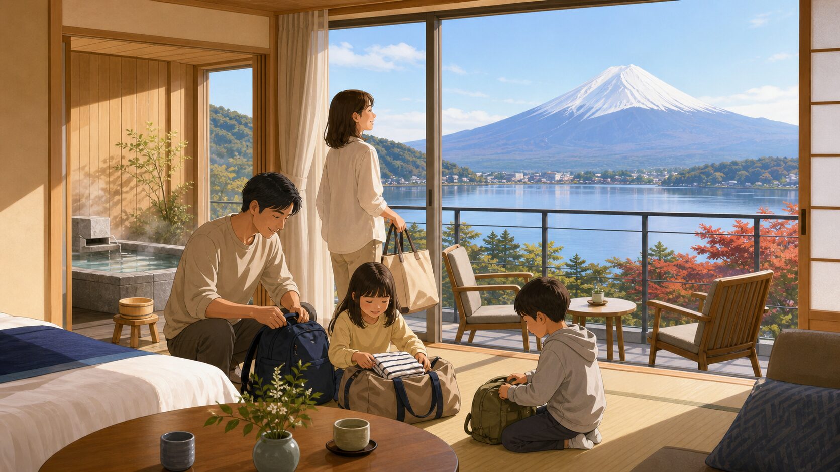 河口湖のホテルで部屋時間を楽しむ旅行者のイメージ