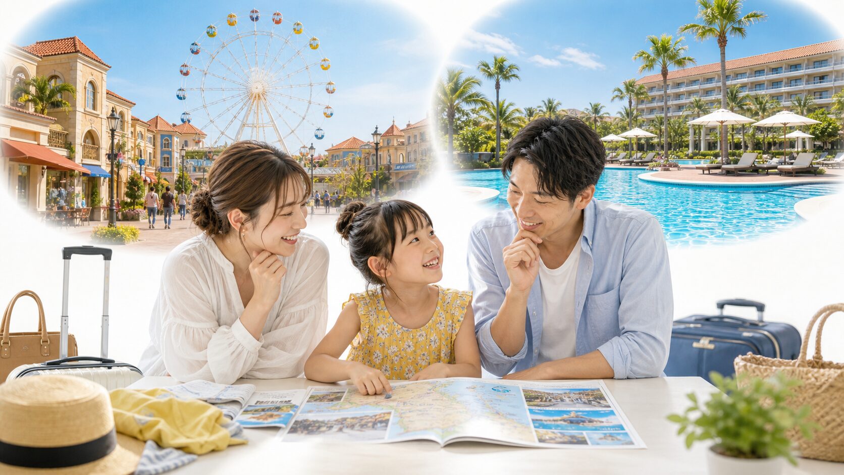志摩スペイン村旅行でホテルとプールの過ごし方を選ぶ家族のイメージ